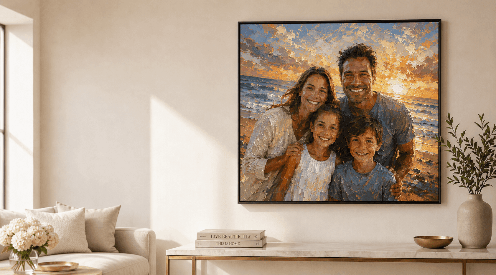 Family photo transformed into framed impressionist artwork